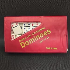 Vintage Double Nine Dominoes Set of 55 In Red Vinyl Case Missing 2